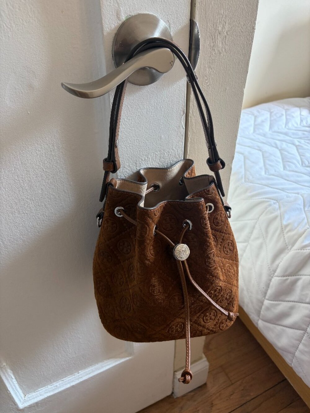 Tory Burch T Monogram Suede Bucket Bag